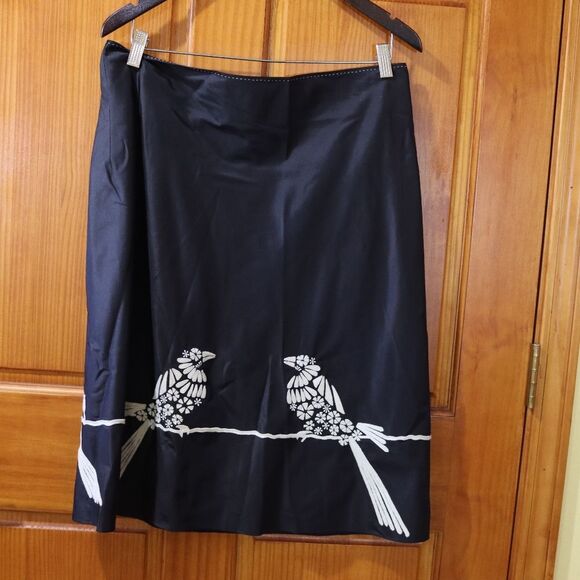 Rajeshpratasingh Vintage Black Silk Bird Midi Skirt XL - Picture 2 of 10